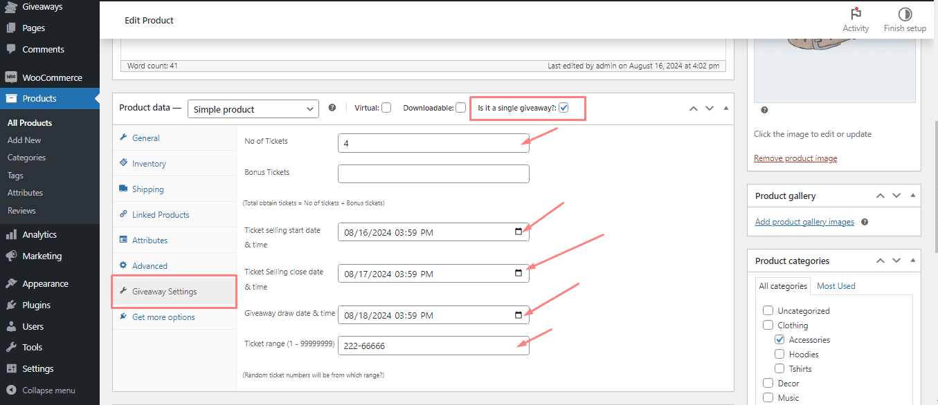giveways settings for foure products