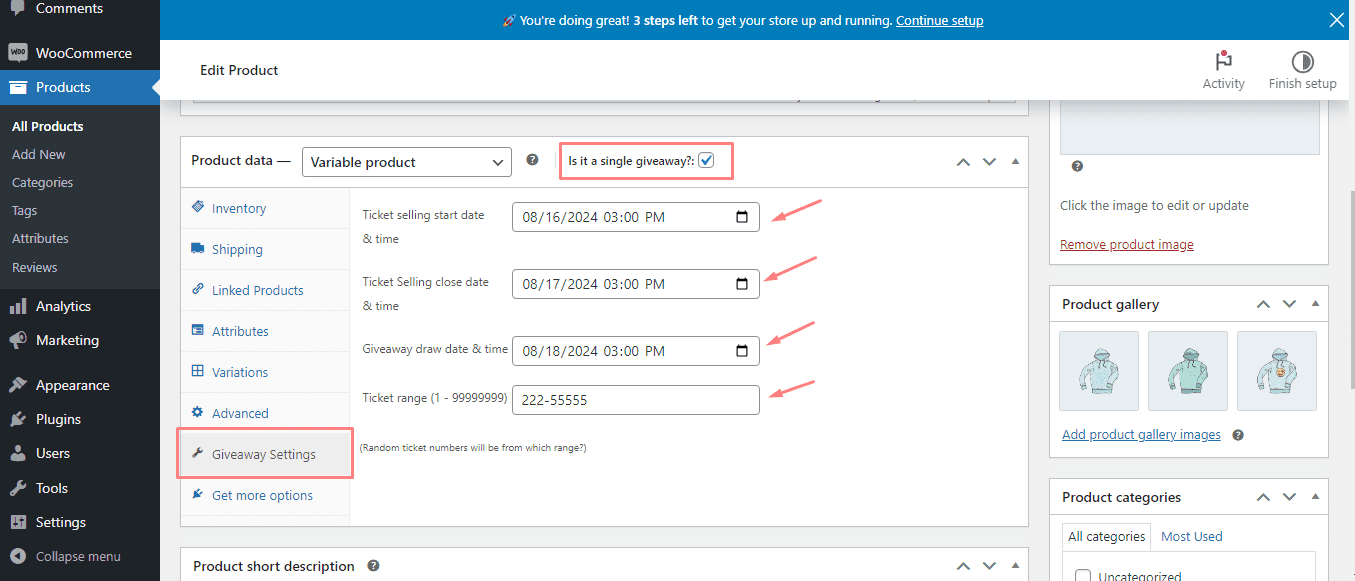 variable product settings