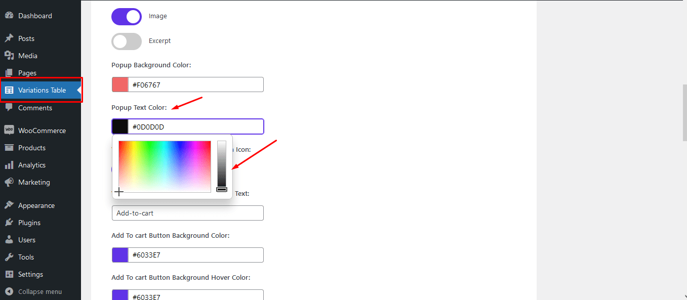 popup text color settings