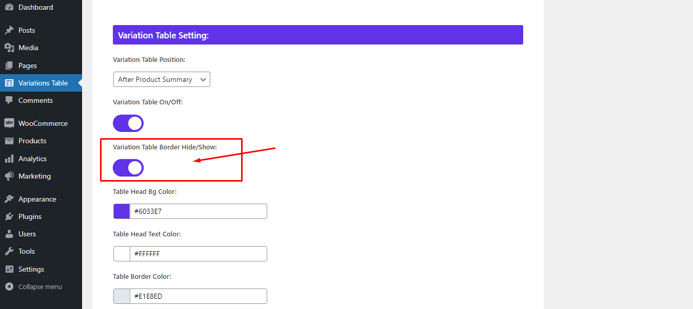 table border switch on