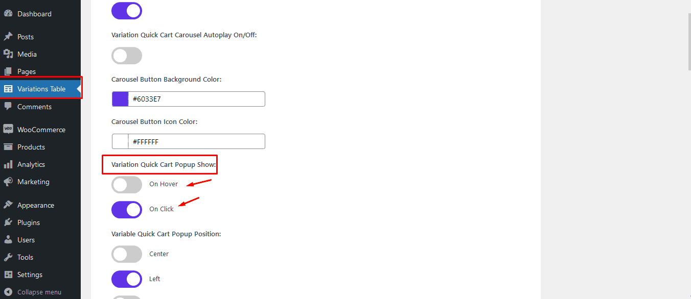 variation popup settings