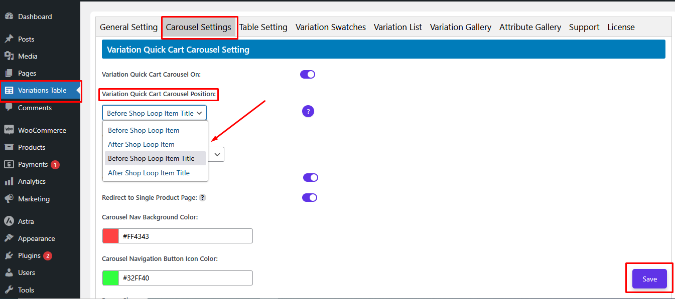 carousel postion setup